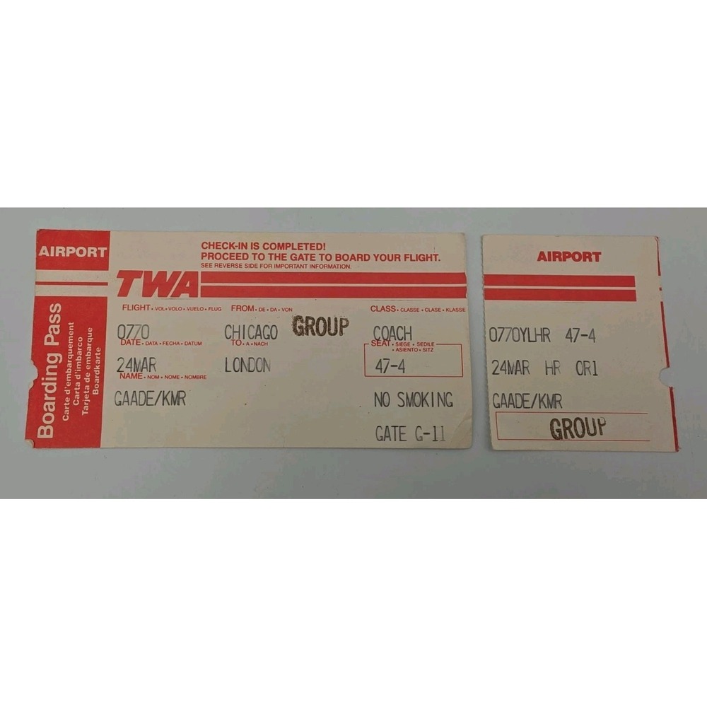 Vintage TWA Boarding Pass Coach Class Ticket Chicago To London Complete